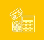 Calculator, money, and credit card icons on a yellow background.