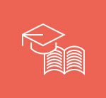 Icon of a graduation cap and an open book on an orange background.