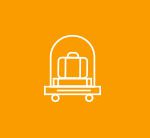 Minimalist white luggage trolley icon on orange background.