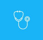 White stethoscope icon on a blue background.