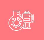 White science and robot icons on a pink background.