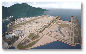 A detailed 3D model of an airport runway and terminal layout by the sea.