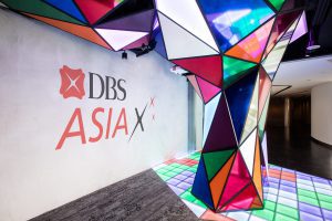 Colorful geometric art installation at DBS Asia event.