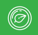 Eco-friendly leaf inside a circular frame on green background.