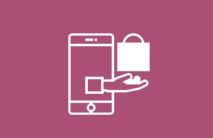 Icon of a hand holding a shopping bag emerging from a smartphone on a purple background.