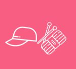 White line art of a baseball cap and a pair of binoculars on a pink background.