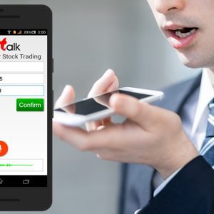 Person using voice command for stock trading on a smartphone app.