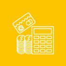 Calculator with money and coins icon on yellow background.