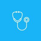 White stethoscope icon on blue background.