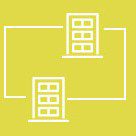 Two building icons connected with lines on a yellow background.