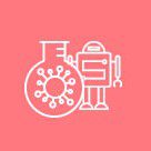 A robot and a virus symbol on a pink background.