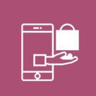 Icon of a hand holding a shopping bag emerging from a mobile phone screen.