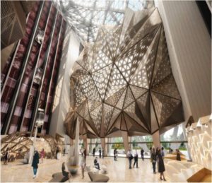 Futuristic geometric ceiling structure in a spacious public atrium.