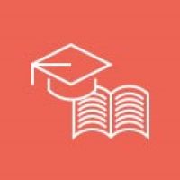 Icon of a graduation cap above an open book on an orange background.