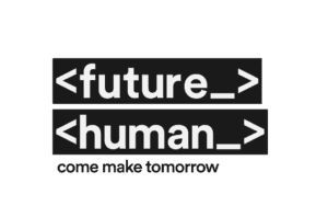 Stylized text art with futuristic and human themes in white on black.