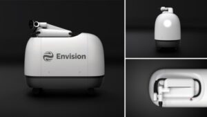 Sleek white Envision robot with a smooth, minimalist design on a black background.