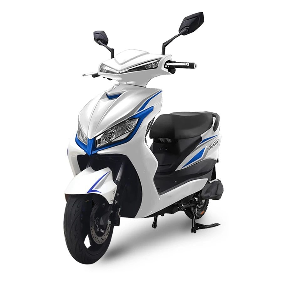 Sleek white and blue modern electric scooter with comfortable seating.