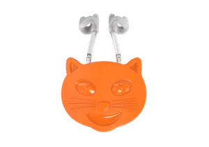 Orange cat-shaped earphones with white earbuds.