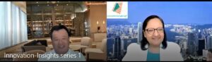 Split image showing a luxurious hotel room interior and a city skyline with a logo.