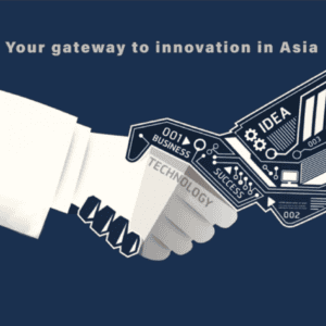 A robotic hand and a human hand shaking, symbolizing innovation in Asia.