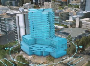 3D model of a futuristic blue building in an urban area.
