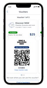 Digital Discover NSW pass showing a QR code and $25 value.