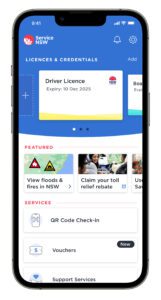 A mobile app displaying driver licence and service options.