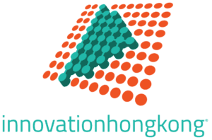 Logo featuring a green arrow over orange dots with text below.