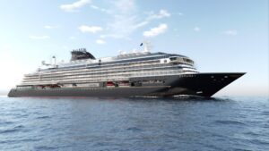 Large cruise ship sailing on calm waters under a clear sky.