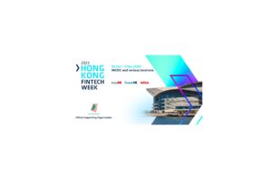 Hong Kong FinTech Week 2023 event banner with skyscrapers and tech graphics.
