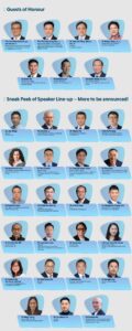 Grid of 20 professional headshots with names and titles on blue background.