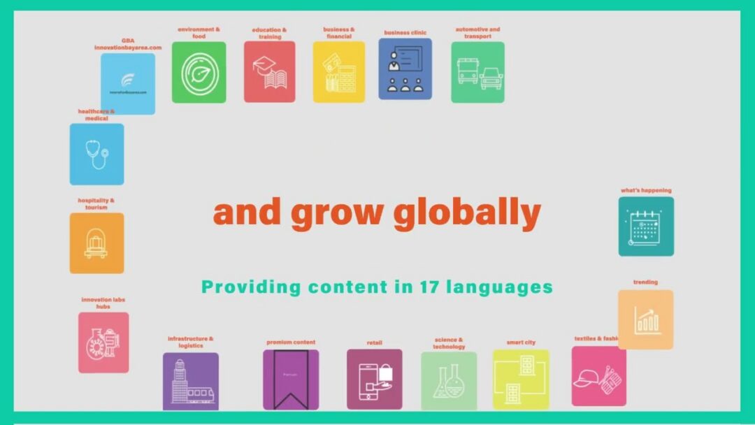 Slide reading "and grow globally" with colorful icons