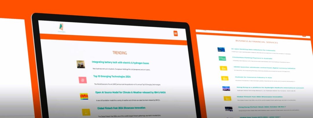 Website pages displayed on two angled screens with an orange background.