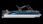 Sleek black and blue pontoon boat with canopy and Mercury outboard motor.